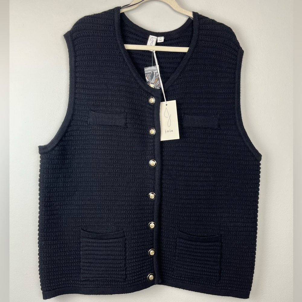 NWT JOIE Sweater Cardigan Sleeveless Black Textured Knit Gold Buttons Size 2X
